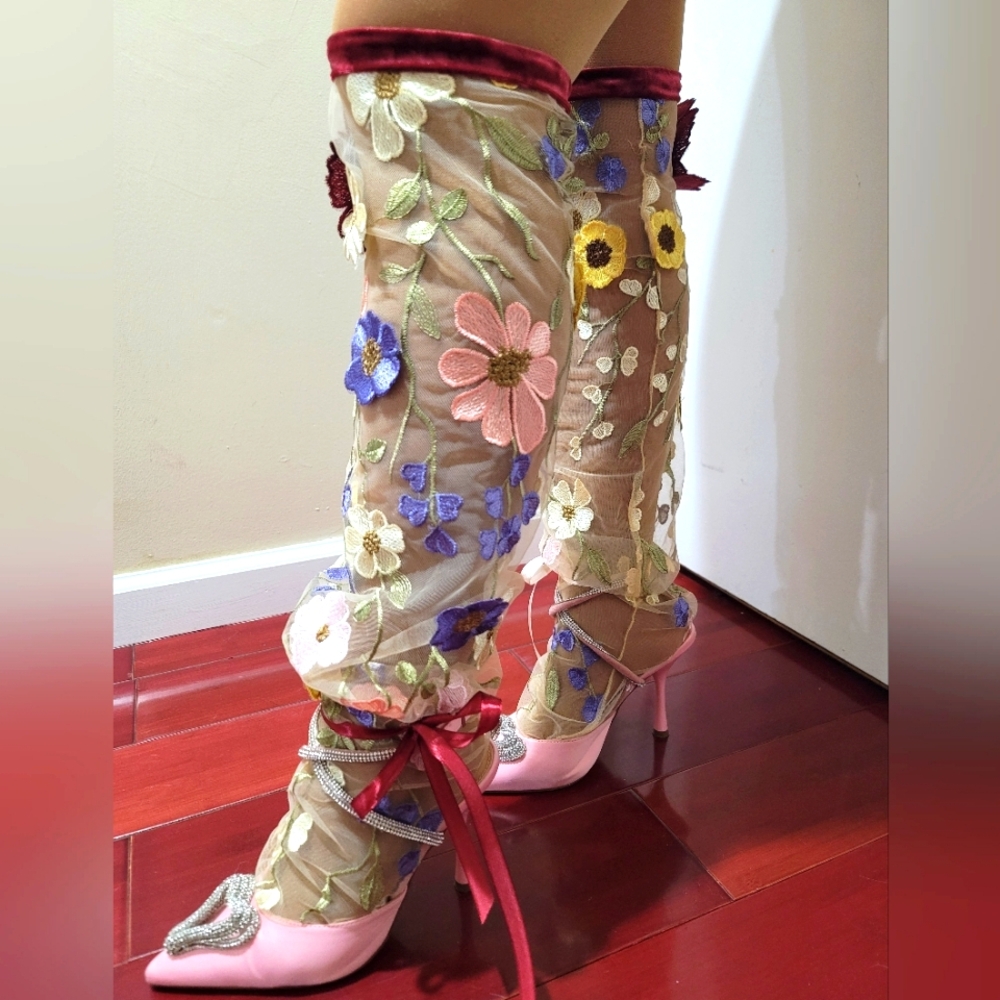 Handcrafted Embroidered Floral Sheer Socks with Velvet Trim